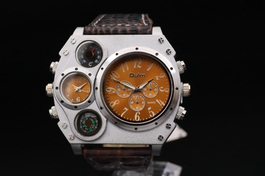 Herren Männer Dual Timer Uhr Herrenuhr Orange Braun Farben Kompass & Thermometer2
