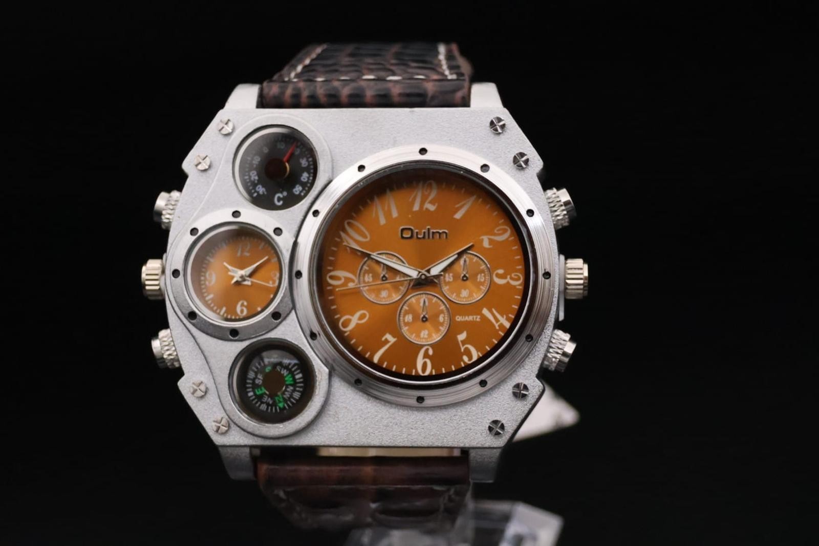 Herren Männer Dual Timer Uhr Herrenuhr Orange Braun Farben Kompass & Thermometer2