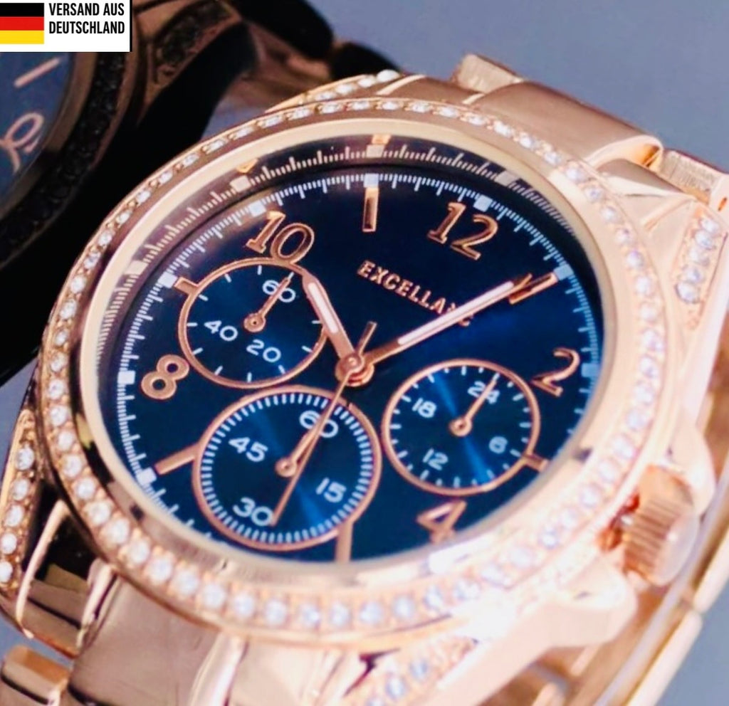 Excellanc  Damen Armband Uhr Roségold Blau Farben Strass Damenuhr Chrono Look0