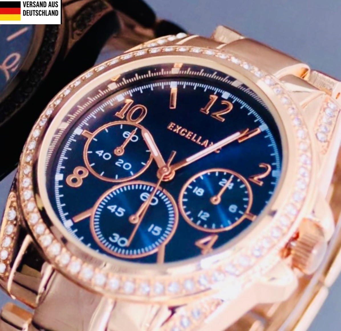 Excellanc  Damen Armband Uhr Roségold Blau Farben Strass Damenuhr Chrono Look0