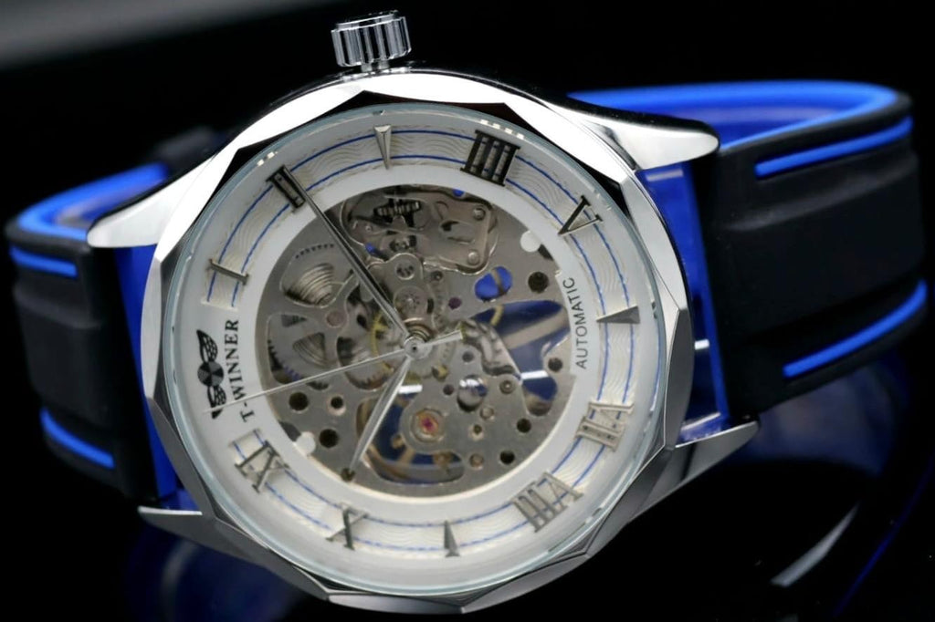 T-WINNER Herren Automatikuhr Silber Blau Skelett Uhr Silikon Sport Design Neu1