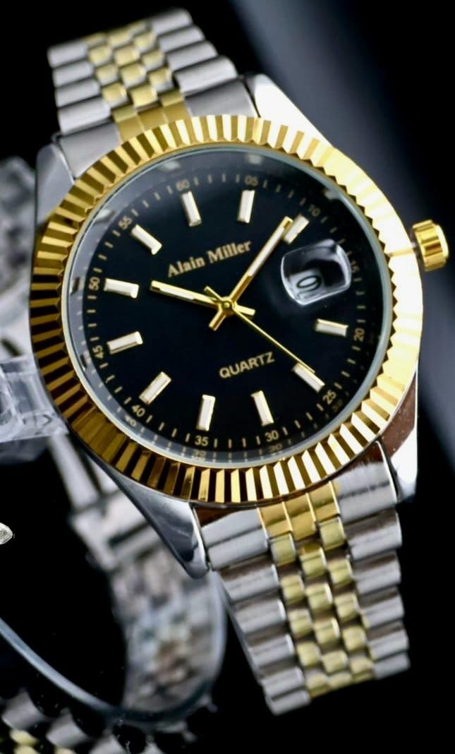 Alain Miller Herren Armband Uhr Datum Schwarz Bicolor Elegant Leuchtzeiger0