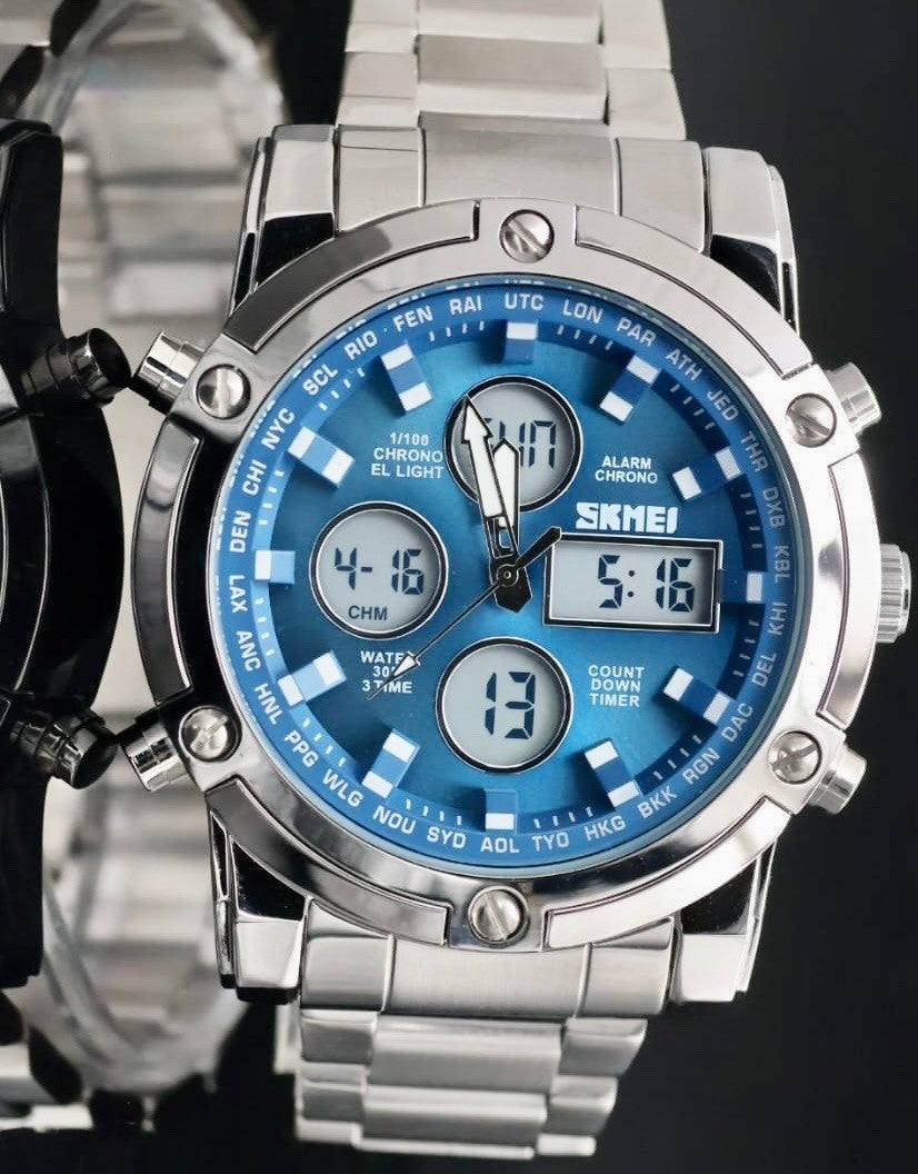 Digital & Analog Herren Männer Uhr Armbanduhr Sport Design Blau Silber 48mm NEU0