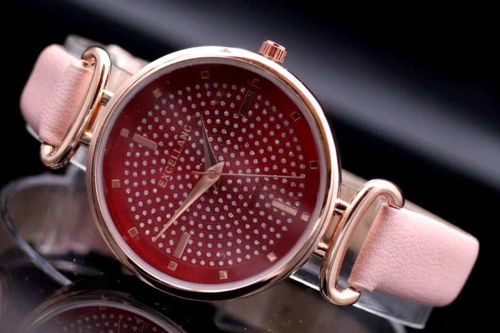Excellanc Damen Frauen Armband Uhr Bordeaux Rot Rosa Damenuhr Farben Strass Slim1
