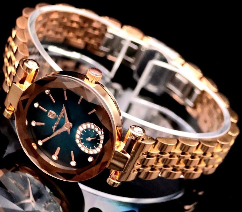 Mega Edle Damen Frauen Uhr Armbanduhr Grün Rosé Farben Chrono Look Strass Besatz1