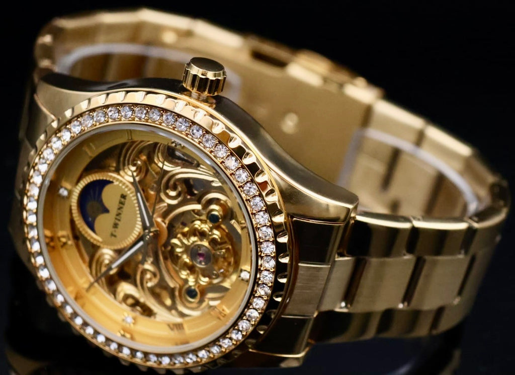 Mega Winner  Herren Automatik Armband Uhr Gold Farben mit Strass + offene Unruh1