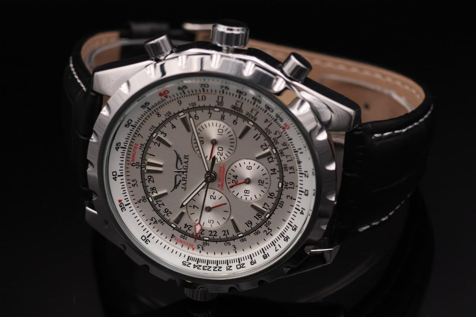 Edle JARAGAR Herren Automatikuhr Herrenuhr Silber Schwarz Farben - Offene Unruh1