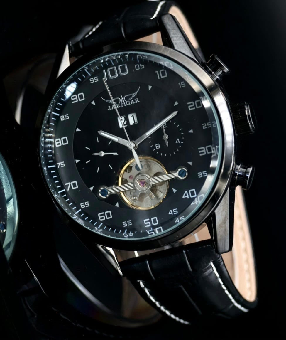 JARAGAR Herren Automatik Uhr Herrenuhr Schwarz Farben mit Lederband Offene Unruh0