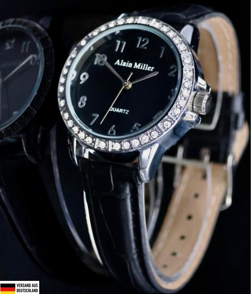 Alain Miller Damen Frauen Armband Uhr Schwarz Silber Farben Damenuhr Crystal 050