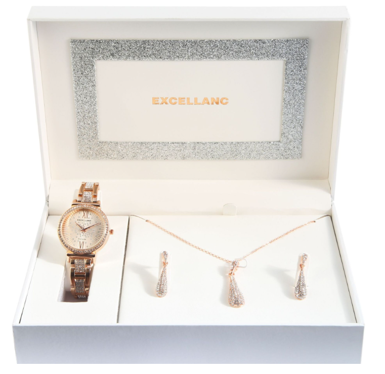 Excellanc Damen Geschenkset Armbanduhr Halskette & Ohrringe Rosé Farben Strass1