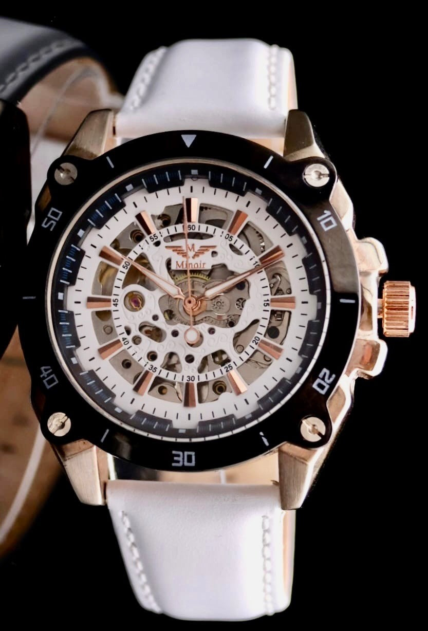 Edle Minoir Herren Uhr Automatikuhr Armbanduhr Farben Herrenuhr Lederband B-WARE0