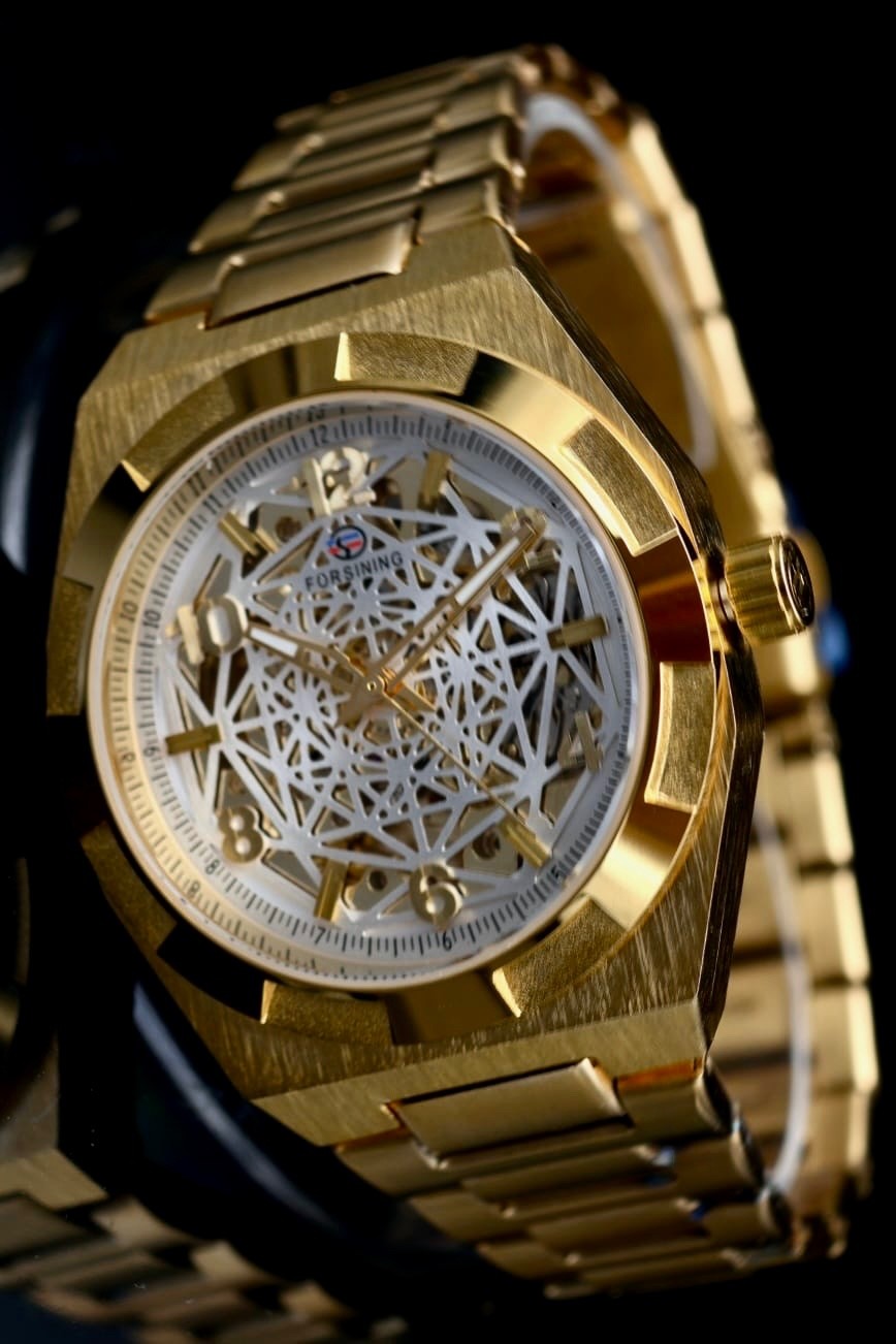 Edle Herren Männer Automatik Uhr Gold Farben Skelettuhr mit Leuchtzeiger NEU1