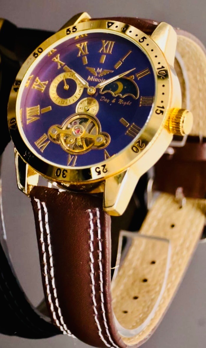 Minoir Automatik Herren Uhr Blau Gold Farben Vintage Look mit offener Unruh1