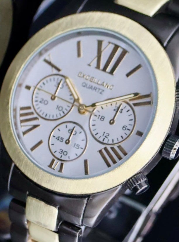 Excellanc Herren Männer Armband Uhr Schwarz Gold Farben Herrennuhr Chrono-Look2