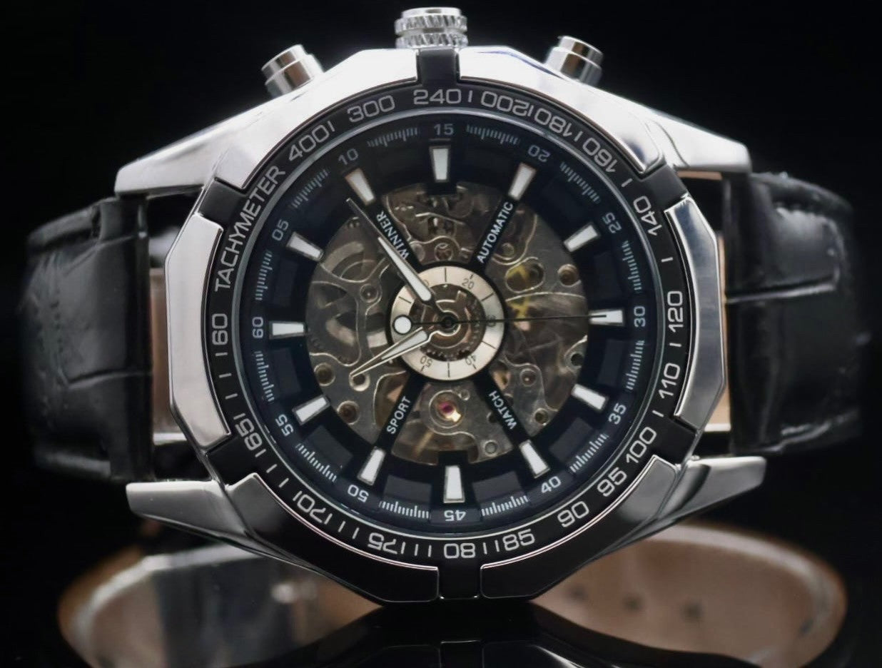 Winner Herren Uhr Automatik Armbanduhr Schwarz Farben Leder Datum 48mm Neu1