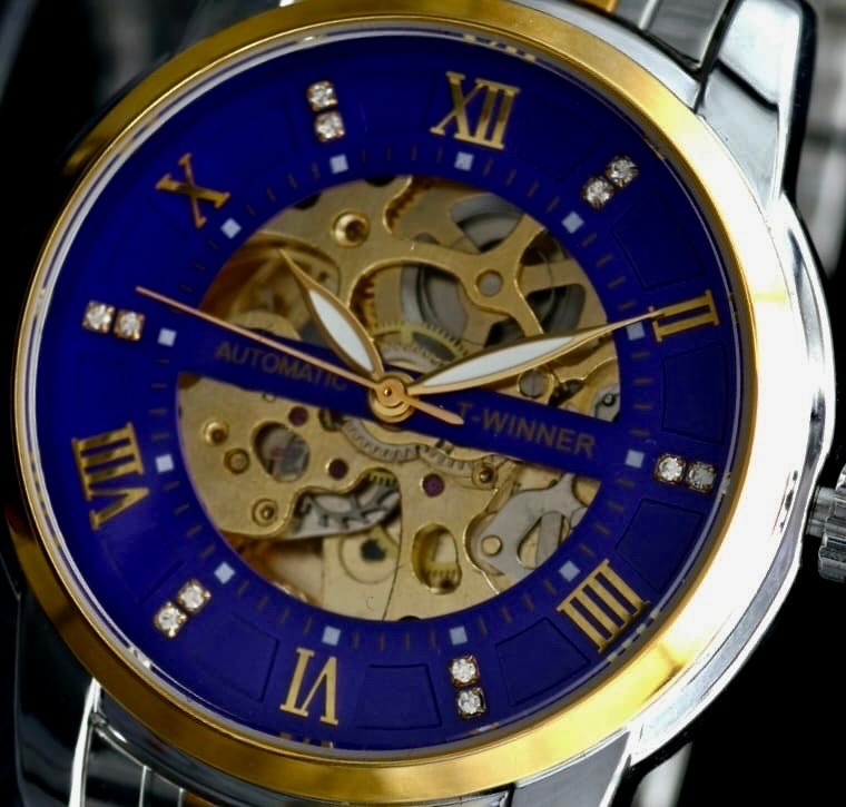 T-Winner Herren Automatikuhr Blau Bicolor Mechanisch Skelett Uhr Edelstahl Luxus2