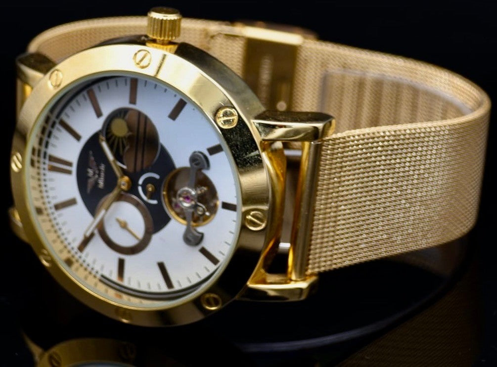 Mega Luxus Herren Uhr Automatik Armbanduhr Minoir Herrenuhr Gold Farben Meshband0