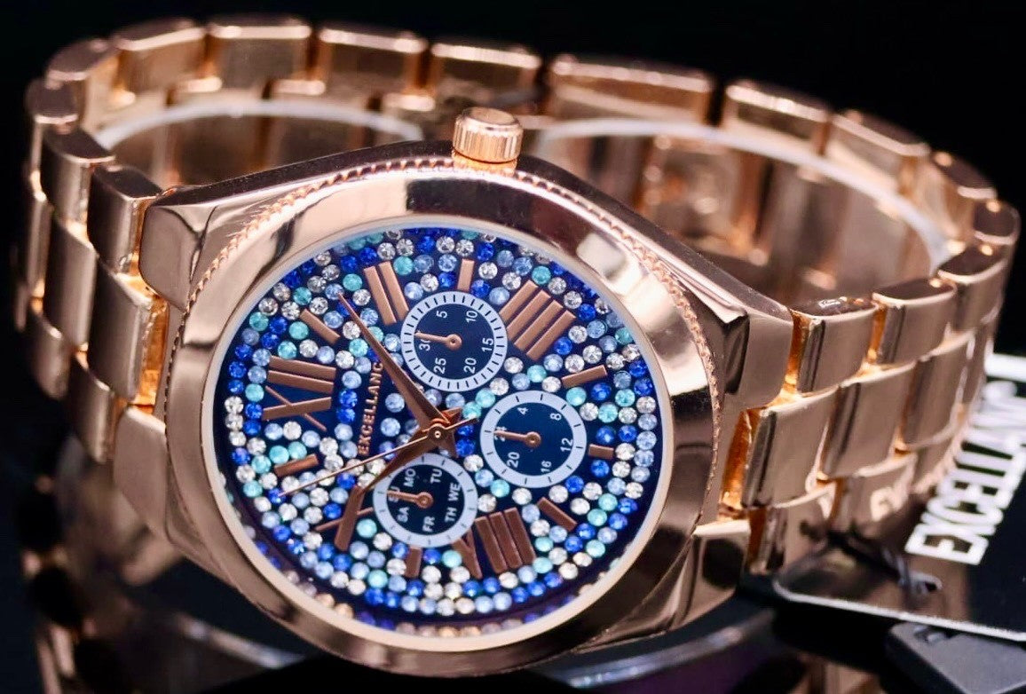 Excellanc Damen Uhr Roségold Blau Farben Strass Armband Luxus Optik Elegant1