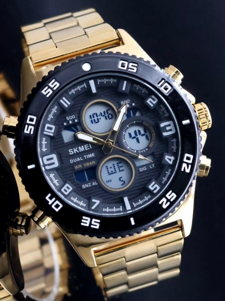 Sportliche Digital & Analog Herren Uhr Armbanduhr Wecker Schwarz Gold Farben NEU2