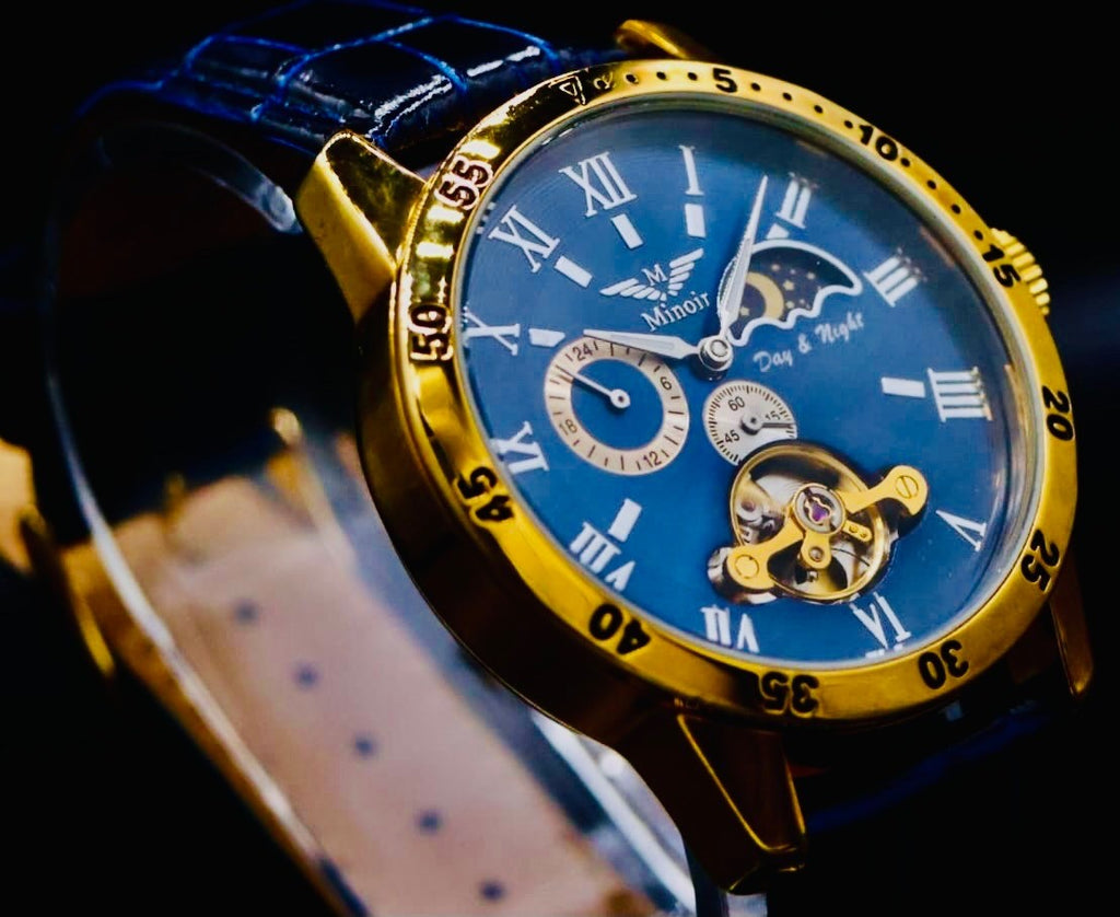 Minoir Herren Uhr Automatikuhr Armbanduhr Gold Blau Farben Herrenuhr Lederband2