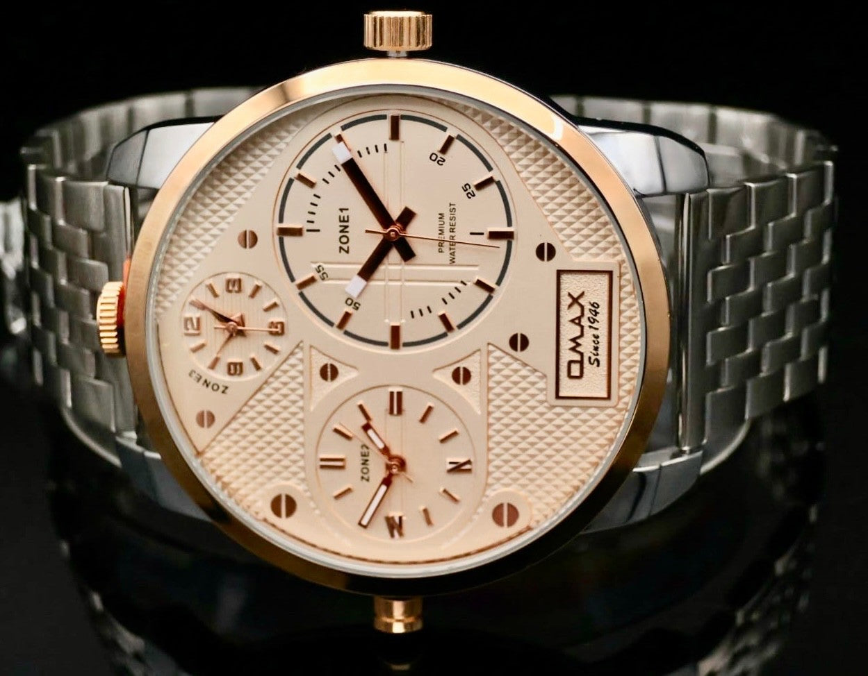 Omax XXL Monster Watch Herren Armband Uhr  Dual Triple Timer 3 Zeitzonen Neu1