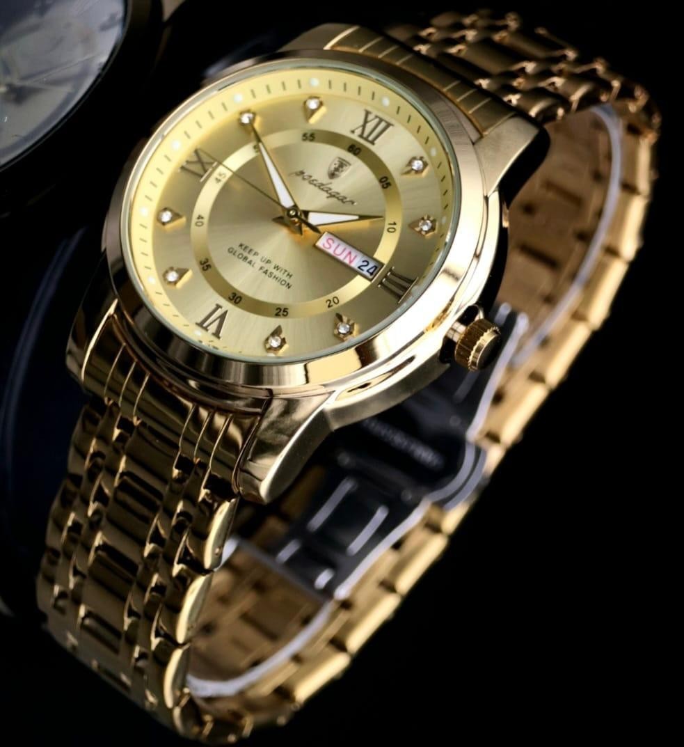 Herren Edelstahl Armband Uhr Herrenuhr GoldFarben mit Tag/Datumsanzeige Strass0