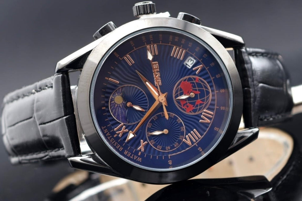 SKM - HERRENUHR - CHRONOGRAPH - DATUM - TAG /NACHT ANZEIGE - LEDER - BLAU - 42MM1