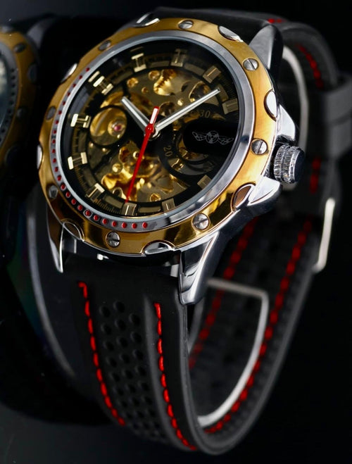 - Sportliche Herren Männer Automatik Uhr Gold Schwarz Farben Kautschukband NEU -0