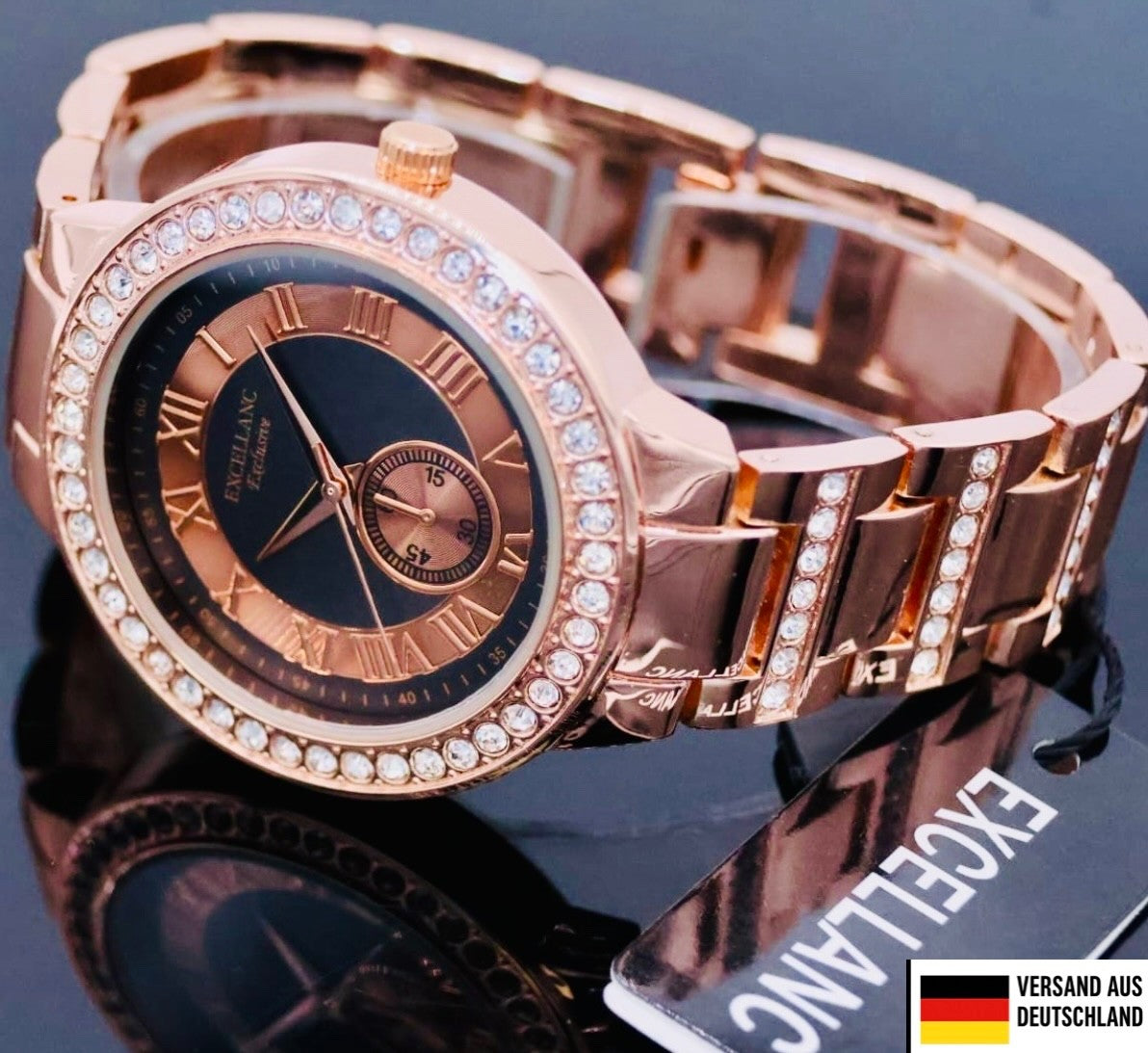 Excellanc Exclusive  Damen  Armband Uhr Schwarz Rosé Farben Damenuhr Strass0