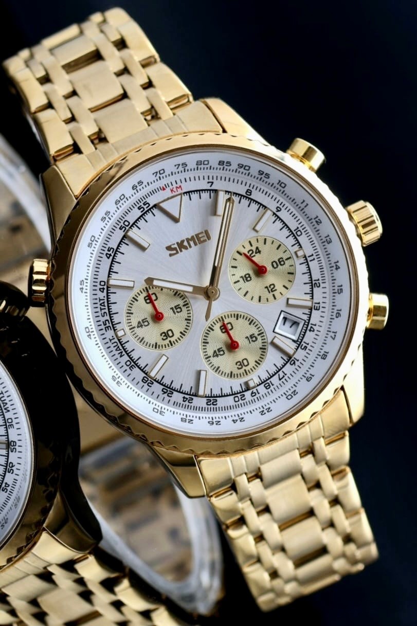 HERRENUHR - SKM - CHRONOGRAPH - STOPPUHR - DATUM - EDELSTAHL - GOLD FARBEN - NEU0