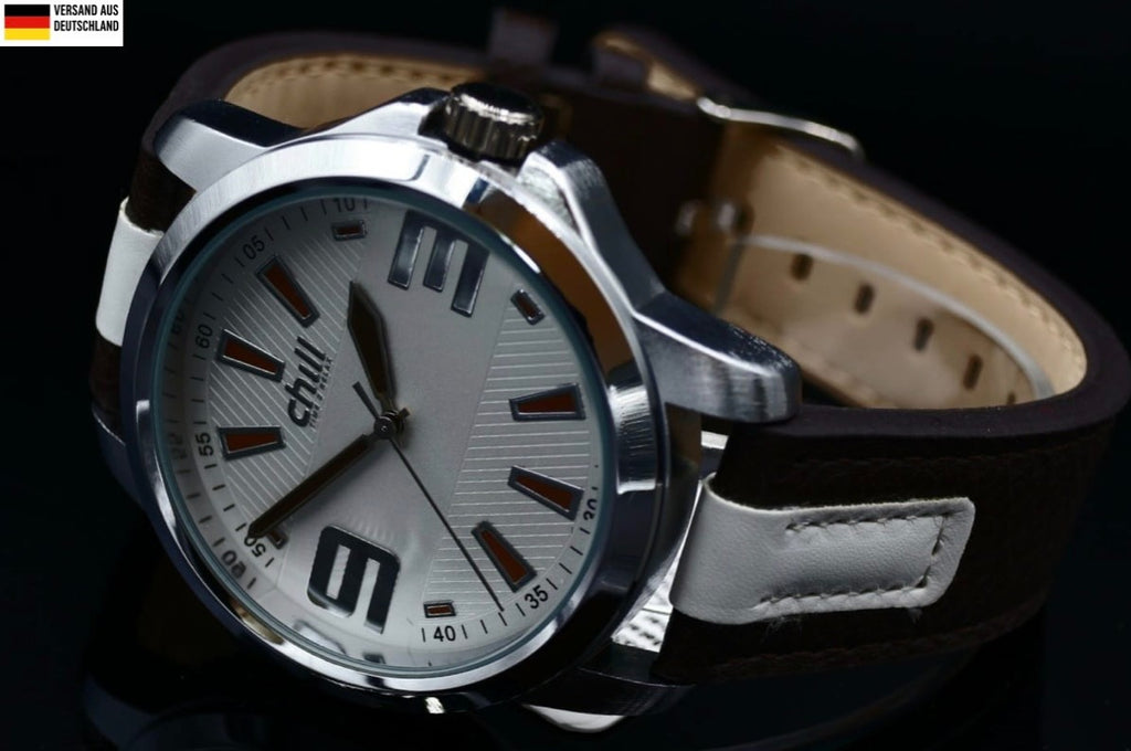 Mega Chill Herren Männer Armband Uhr Weiß Silber Farben Herrenuhr Mineralglas0