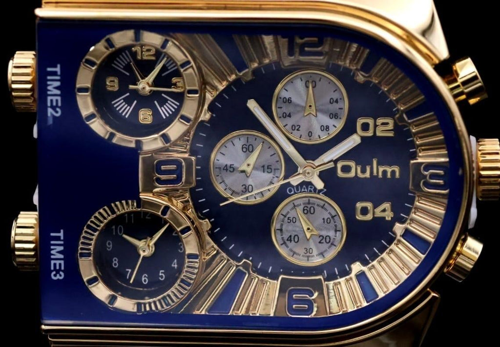 XL Herren Männer Uhr 3 Uhrwerke Blau Gold Farben Herrenuhr im Chrono Look NEU1