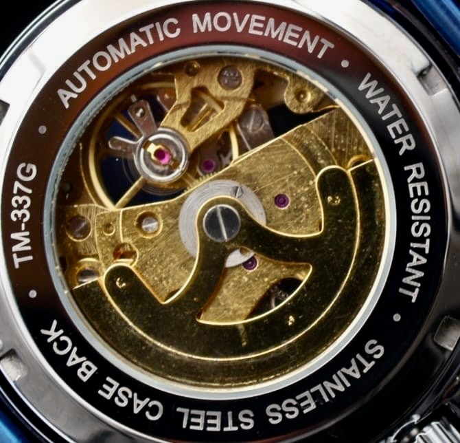 Exklusive Herren Männer Automatik Uhr Blau Farben mit Sicht aufs Uhrwerk NEU4