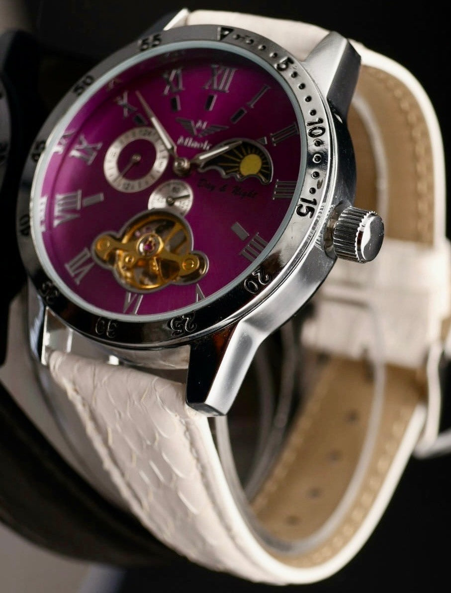 Edle Unisex Uhr Automatikuhr Armbanduhr Minoir Unisexuhr mit weißem Lederband1