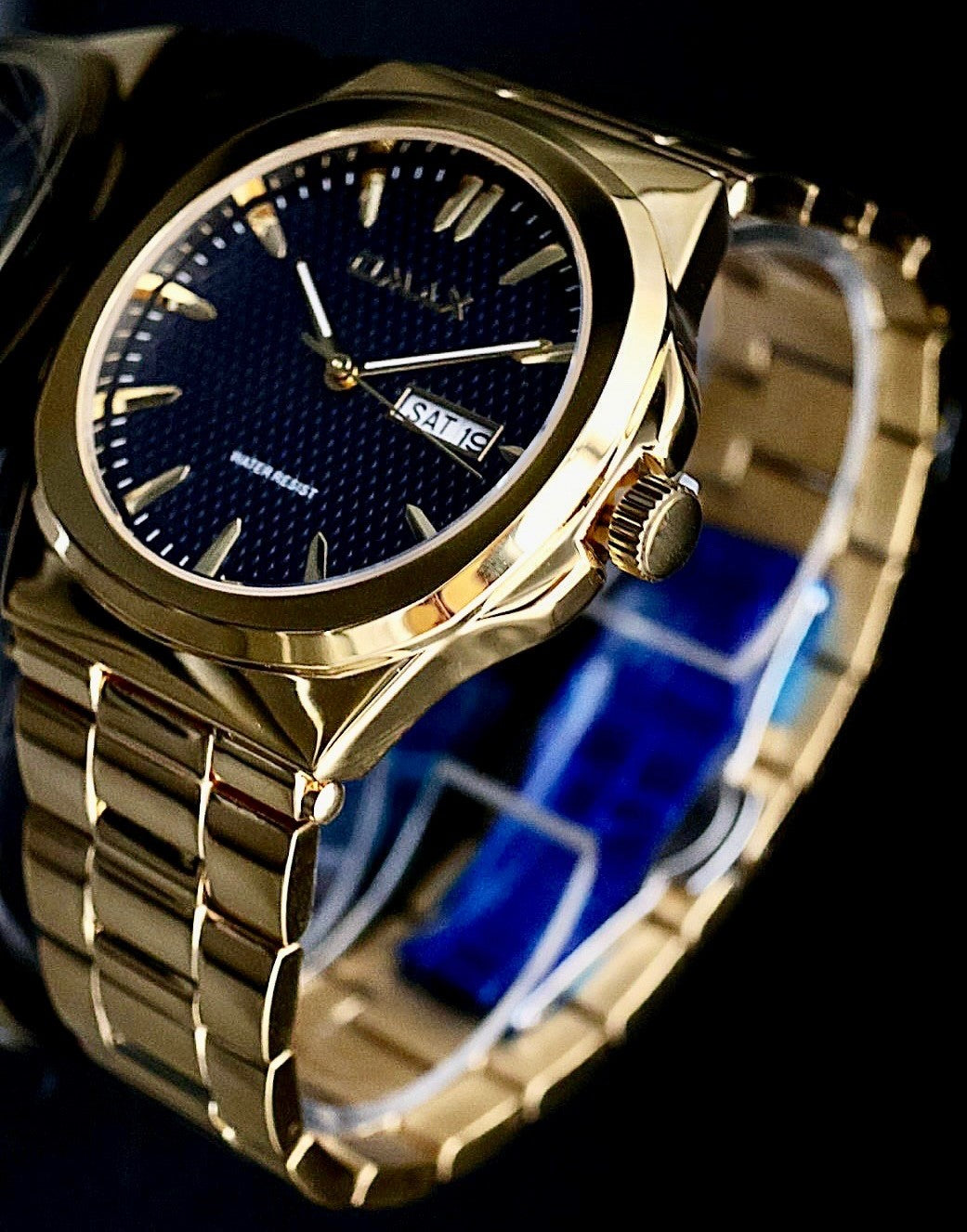 Omax Herren Armband Uhr Datum Herrenuhr IP Veredelt Gold Blau Farben1