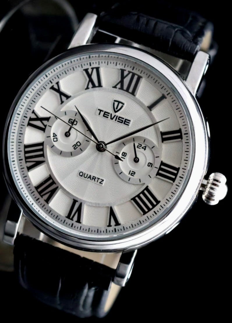 TEVISE - QUARZ - ARMBAND - UHR - LEDER - SCHWARZ - 24H ANZEIGE - 44MM0