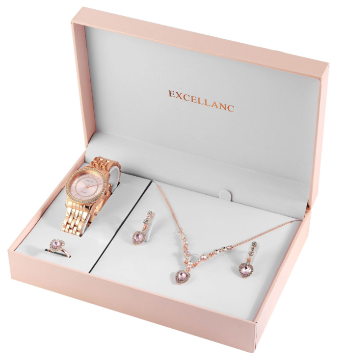 Excellanc Damen Geschenkset Armbanduhr Halskette und Ohrringe Rosé Rosa Farben0