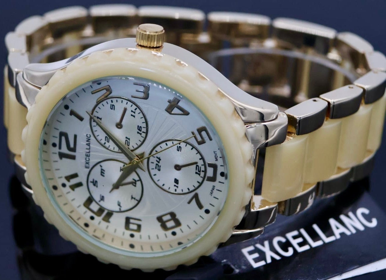 Excellanc Damen Armband Uhr Weiß Silber Farben Damenuhr Chrono-Look Neu1