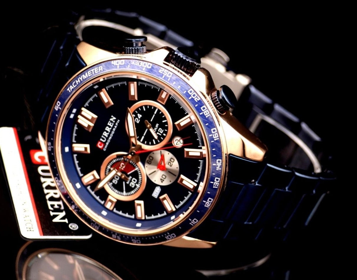 Edle Herren Männer Armband Uhr Chronograph Stoppuhr Datum NEU Rosé Blau Farben 11