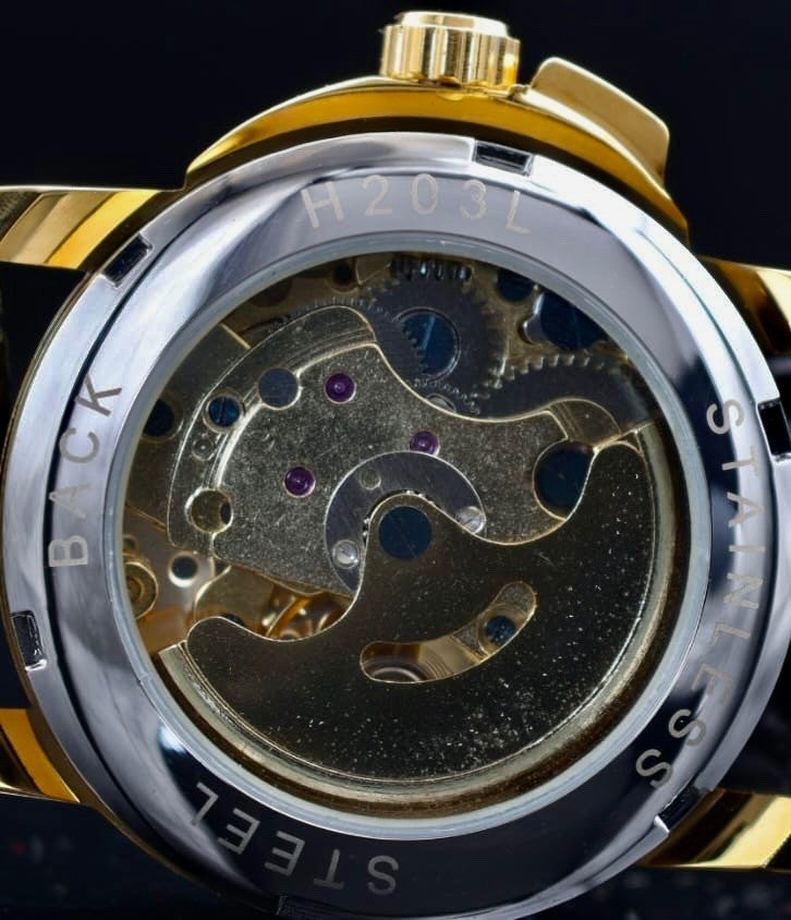 Winner Herren Automatikuhr Mechanisch Skelett Uhr Gold Schwarz Farben Leder3