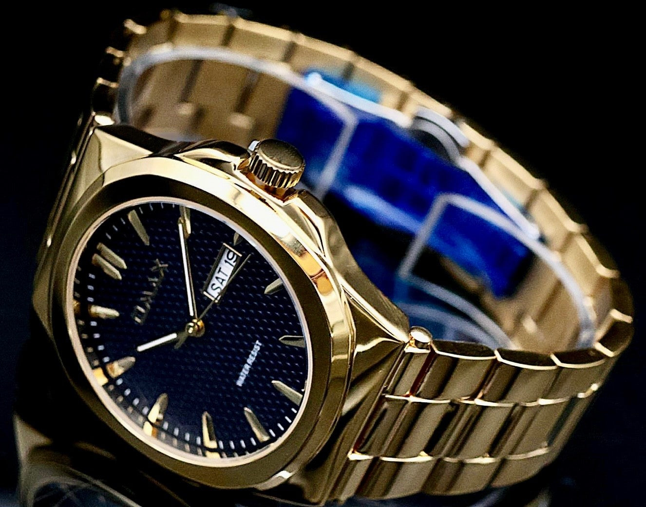 Omax Herren Armband Uhr Datum Herrenuhr IP Veredelt Gold Blau Farben0