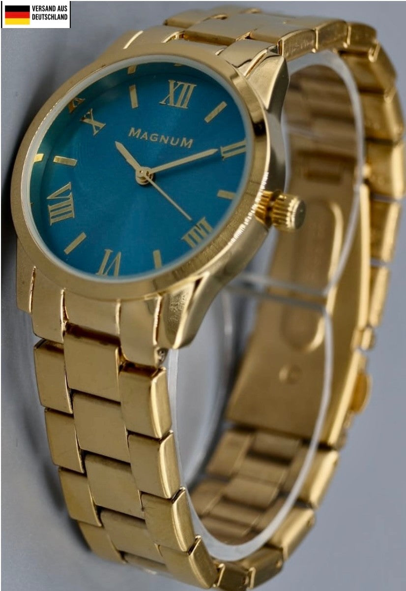 Magnum Damen Frauen Armband Uhr Blau Türkis Gold Farben Damenuhr Mineralglas0