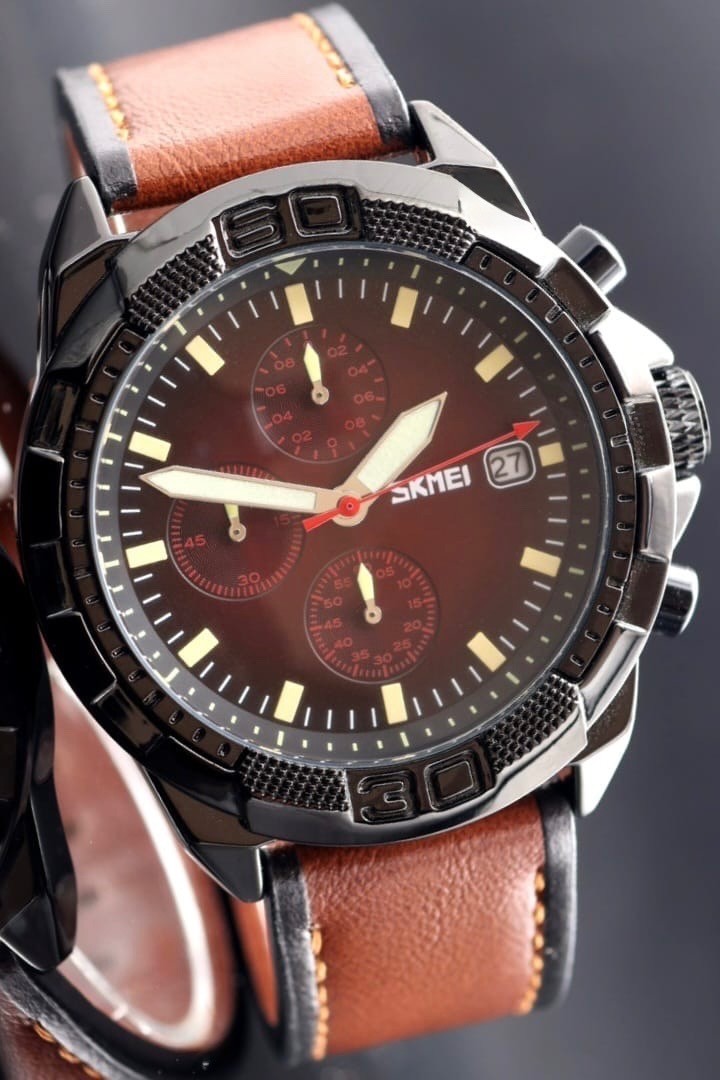 SKM - HERRENUHR - SPORT DESIGN - DATUM - CHRONOGRAPH - LEDER - NEU - 48MM0