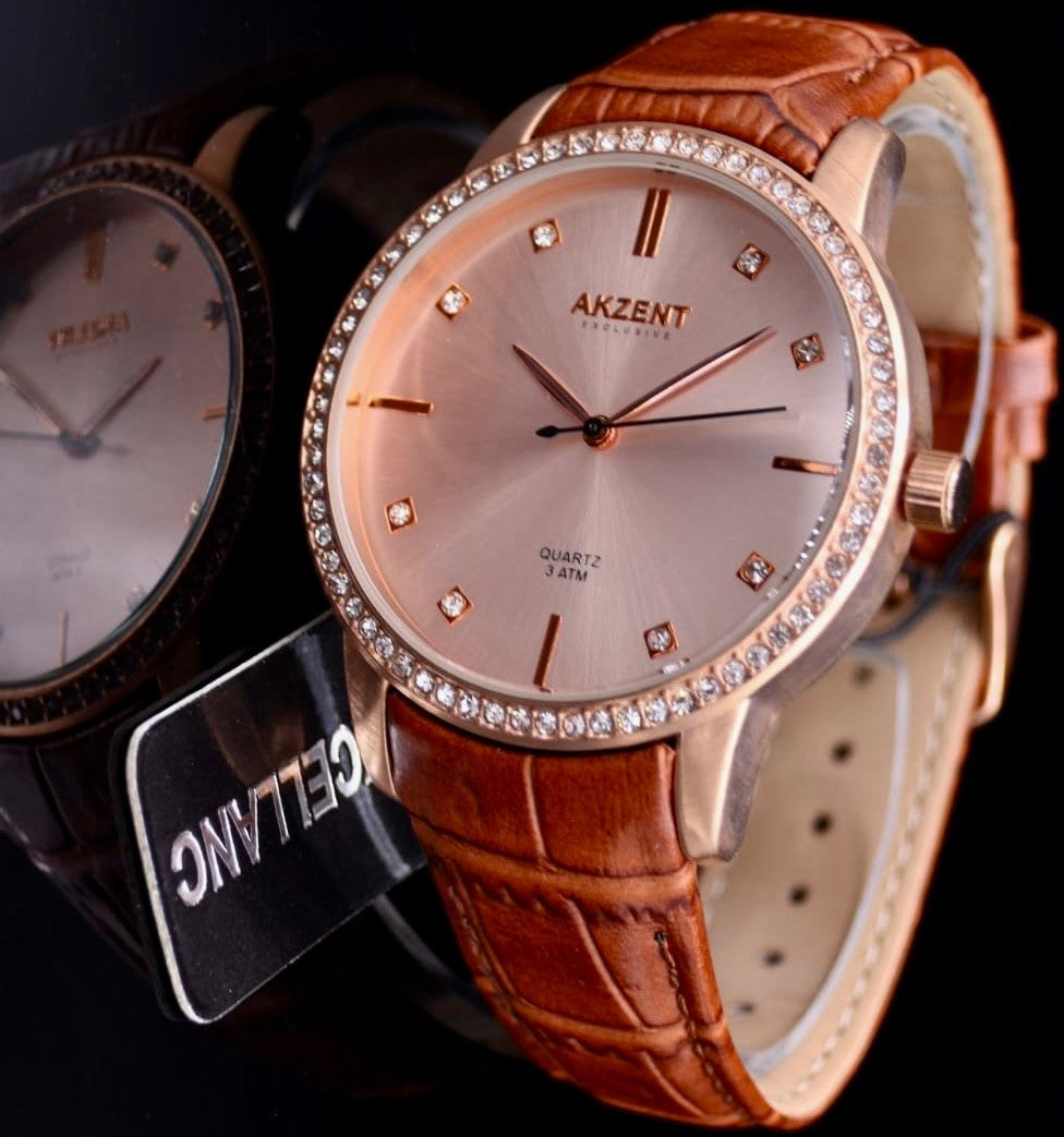 Akzent Exclusive Damen Frauen Armband Uhr Rosé Braun Farben Damenuhr Strass0