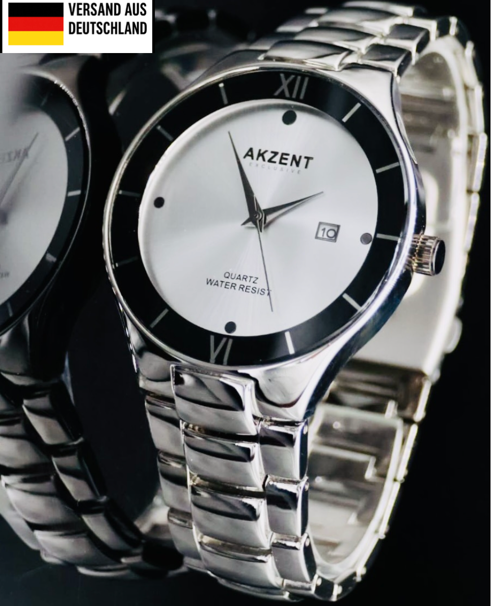 Akzent Exclusive Herren Männer Armband Uhr Weiß Silber Look Datum 42mm Quarzuhr0