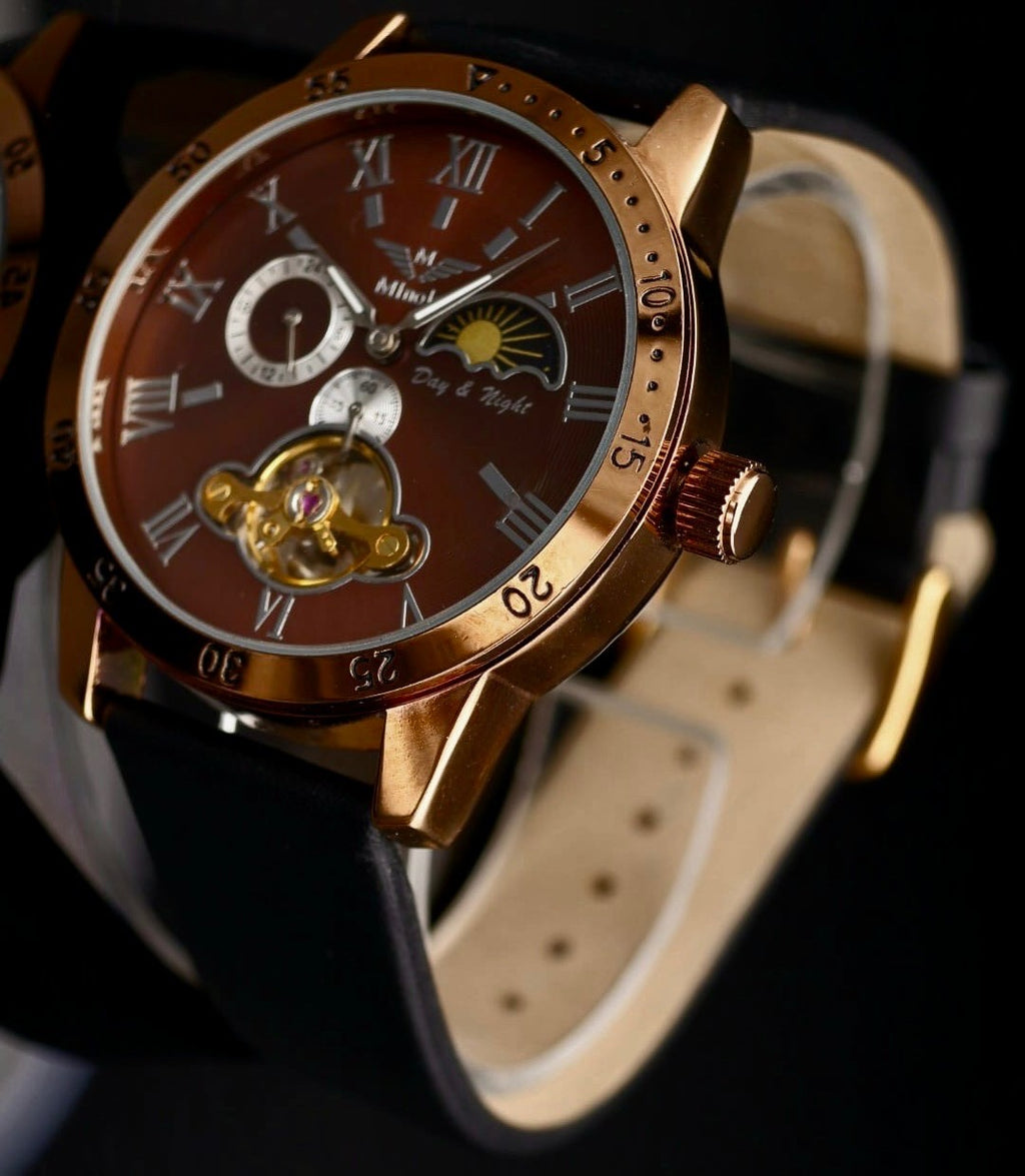 Minoir Automatik Herren Armbanduhr Modern mechanisch mit Glasboden Braun Farben1
