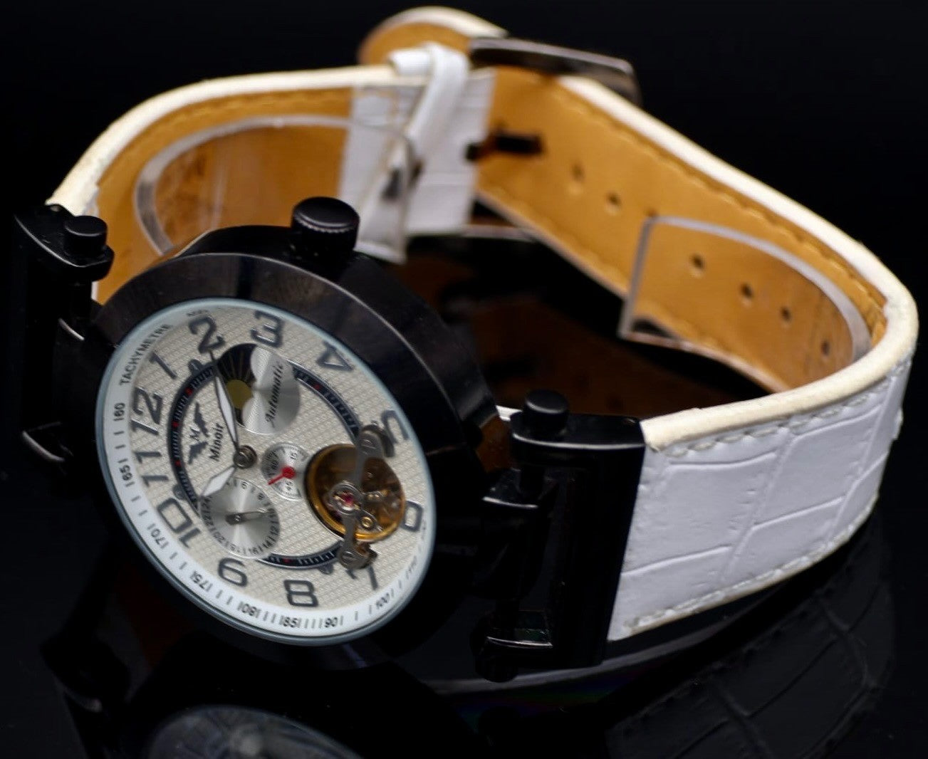 Herren Uhr Automatikuhr Leder Armbanduhr Minoir Schwarz Weiß Farben offene Unruh1