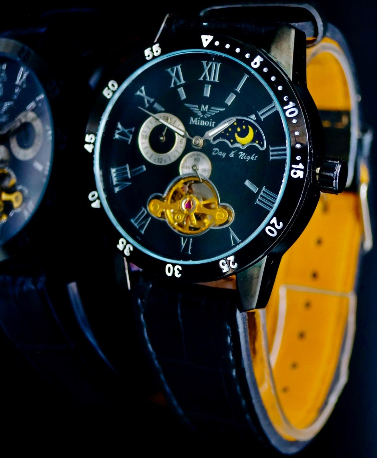 Minoir Herren Uhr Automatik Armbanduhr Herrenuhr Schwarz Farben mit Lederband0