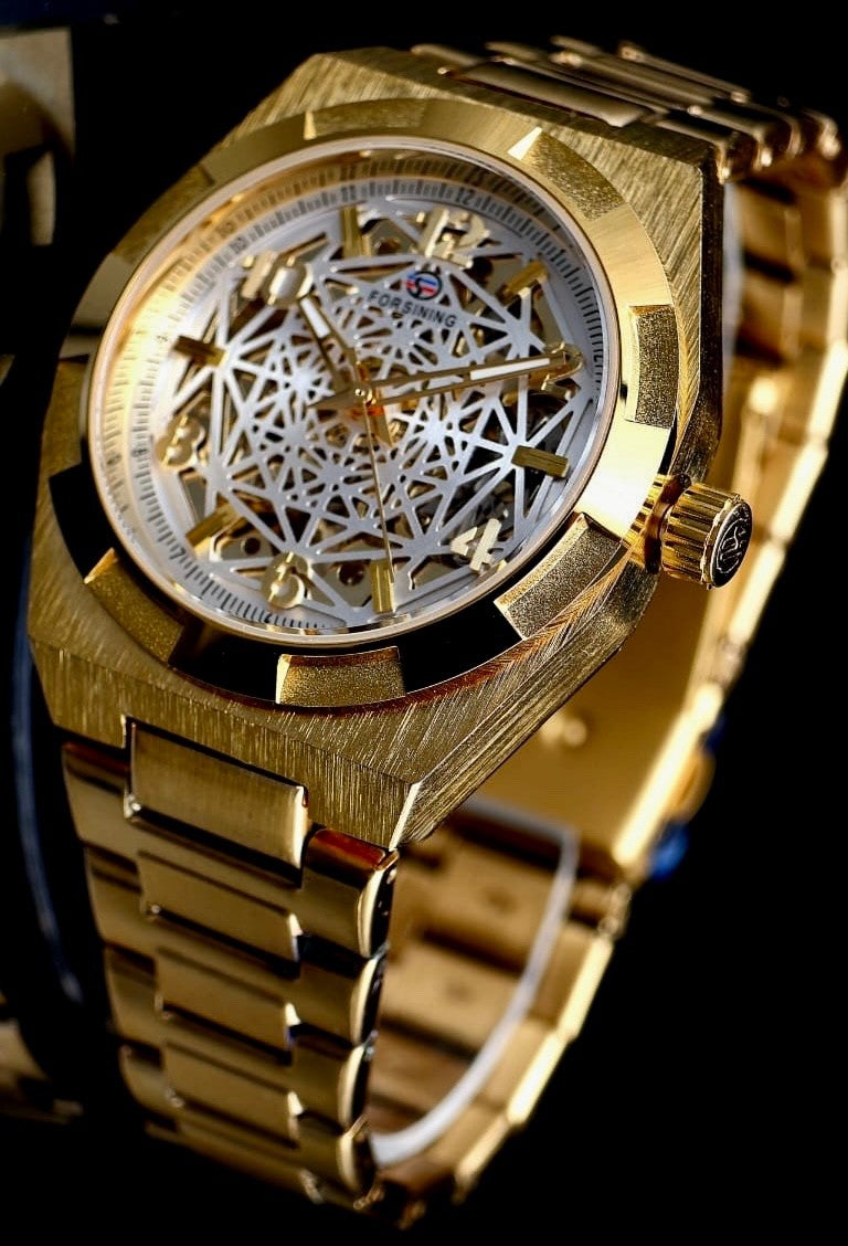 Edle Herren Männer Automatik Uhr Gold Farben Skelettuhr mit Leuchtzeiger NEU0