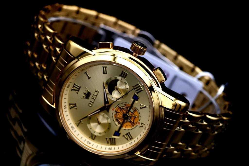 Herren Männer Armband Uhr Chronograph Stoppuhr Datum Gold Farben NEU * 761